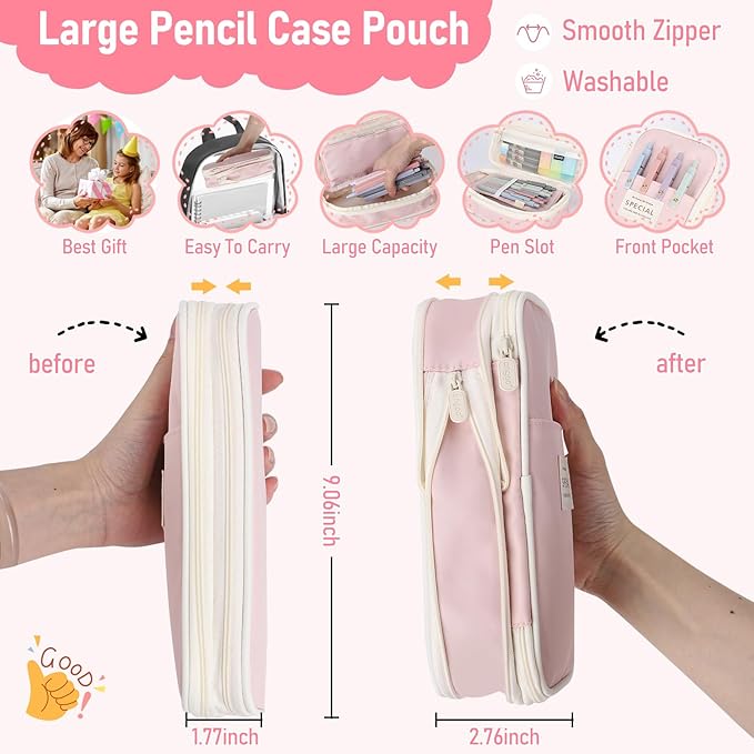 42PCS Aesthetic School Supplies with Large Pencil Case, 12 Pastel Highlighters,6 Black Ink Gel Pens,6 Cute Mechanical Pencils Set 0.5 & 0.7 mm for Students Stationary College Essentials(Pink)