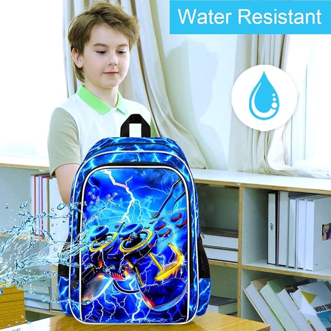 KLFVB 3PCS School Backpack for Kids, 17" Boys Game Bookbag and Lunch Box, Water Resistant Teenagers Backpacks for Middle Elementary - Lightning Game