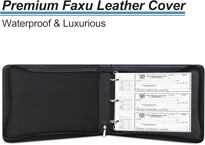 LLi Cufite 3 Rings Check Binder for End-Stub Deskbook Checks, Zipper Business Check Binder, 3 on a Page, Fit 3 & 9 Holes Check Faux Leather (9.5" x 12.6") (Black)