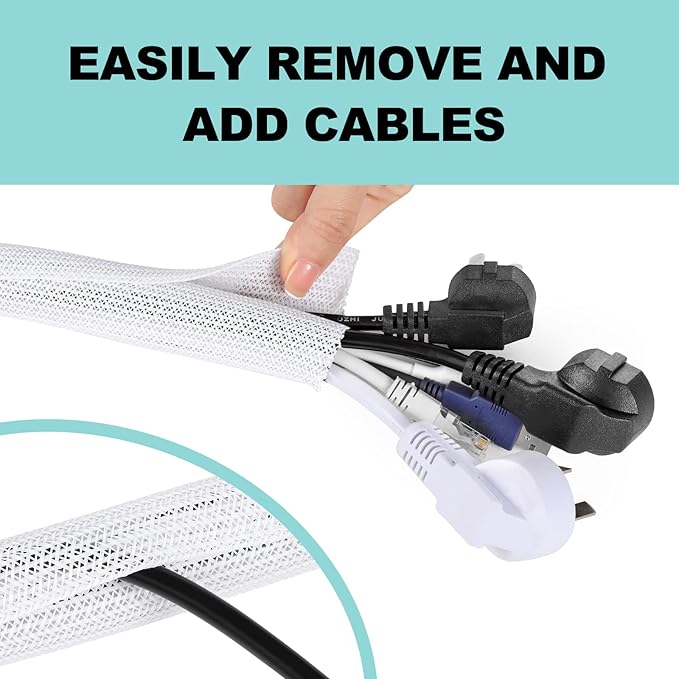 AGPTEK White Cable Sleeve Cover, 2 Pack 5ft - 1.2 inch Desk Cord Organizer Cable Hider, Home Office Wire Management Computer TV Wire Loom Tubing, Pet Proof Cord Protector, from Cat Dog Chewing, White