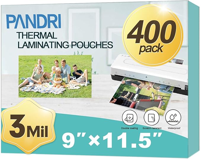 Laminating Sheets, PANDRI 400 Pack Thermal Laminator Pouches Holds 8.5 x 11 Inch, 3 Mil Clear Laminator Paper 9 x 11.5 Inch, Letter Size