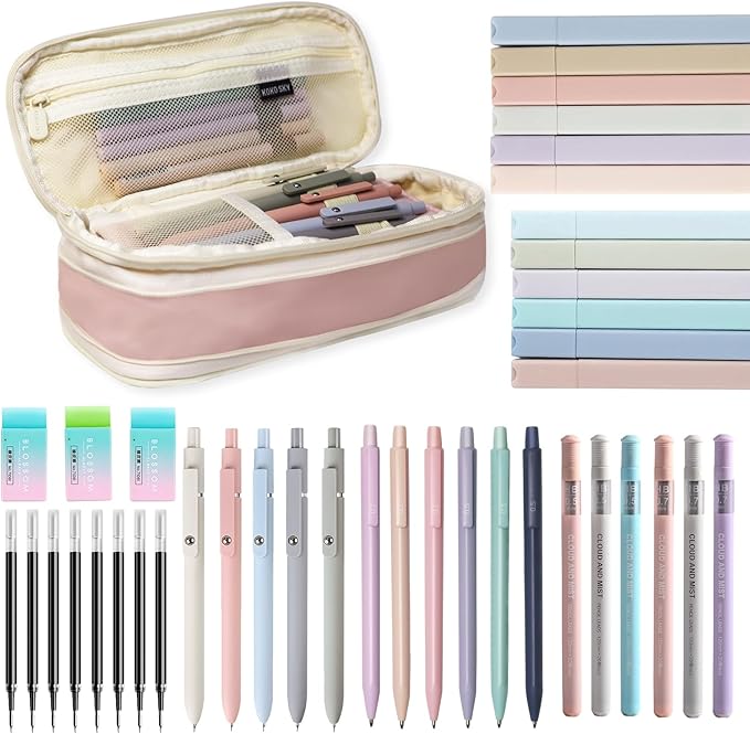 41 PCS Aesthetic School Supplies with Cute Pen Case, 5 Black Ink Gel Pens, 12 Pastel Highlighters, 6 Mechanical Pencils Set 0.5 & 0.7 mm for School Supplies Essentials (Pink)