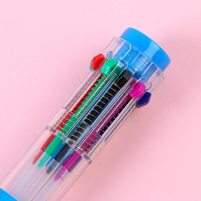 HeTaoCat Multicolor Pens 3 Pack 0.5mm 10-in-1 Retractable Ballpoint Pens - 10 Colors Transparent Barrel Ballpoint Pen for Office Supplies (Blue)