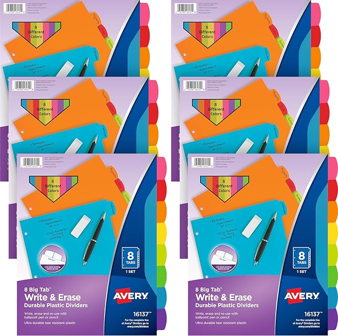 Avery Write & Erase 8 Tabs Plastic Divider for 3 Ring Binders, 6 Sets (8 Colors)