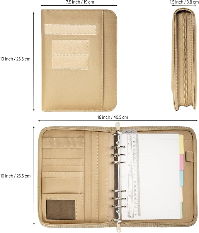 Tactical Padfolio Ring Binder with Zippered, Refillable Planner Binder Tactical Portfolio Organizer for Men, Tactical Notebook Cover for A5 Folder, Small 6 Ring Binder Military Notebook Cover(Coyote)