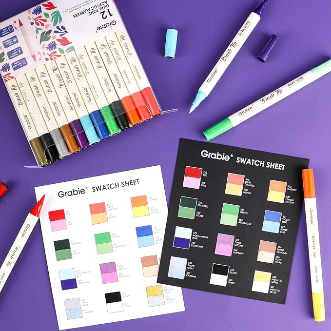 Grabie 24 Colors Paint Markers, Acrylic Paint Pens with 12 Dual-Color Brush Tips, Dual Tone Acrylic Markers for Rocks, Acrylic Paint Markers for Art Supplies (24 Colors)