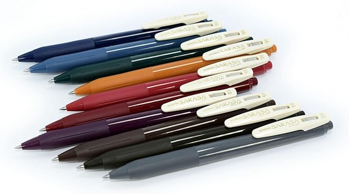 Zebra Pen Sarasa Clip Retractable Gel Pen, 0.5mm Fine Point, Light and Dark Assorted Vintage Ink Colors, Water Based, Ideal for Office and School, Journal, Note Taking and Planner Use, 10-Pack (47510)