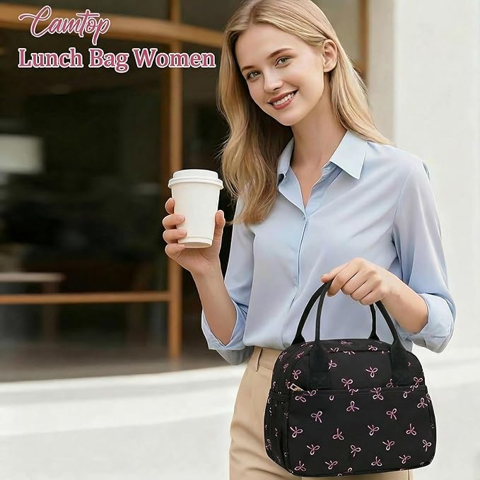 CAMTOP Lunch Box for Women Men Insulated Lunch Bag Lunch Tote Bag Leakproof Thermal Cooler Large Capacity for Travel Work School Picnic (Black Pink Bow)