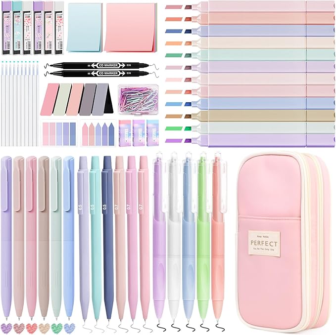 110 PCS Aesthetic School Supplies with Pen Case,12 Pastel Highlighters,5 Black Ink Gel Pens, 6 Mechanical Pencils 0.5 & 0.7mm and So on for Students Stationary College Essentials (Pink-pencilcase)
