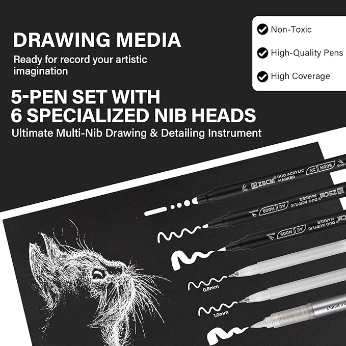 5 Pack White Acrylic Ink Pens for Drawing, Fine Point White Gel Pens, Opaque Acrylic Markers for Black Paper Drawing, Sketching, Illustration, Card Making