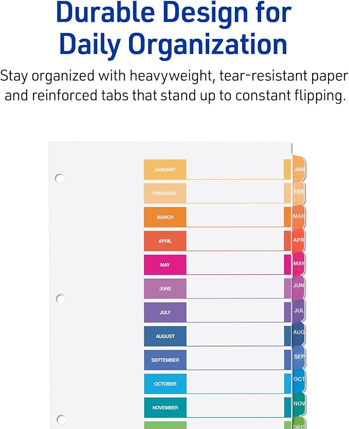 Avery Jan-Dec Dividers for 3 Ring Binders, 12 Tabs per Set, Customizable Table of Contents, Multicolor Tabs, Great for Organizing Reports, Projects, and More (11127)