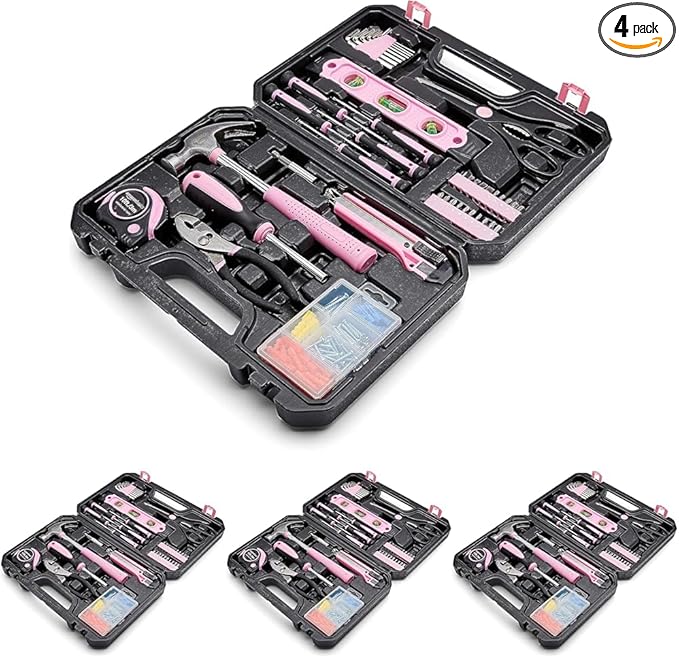 Amazon Basics 142-Piece Household Tool Kit for Home Repair,Hand Tools with Storage Case,13.39 x 9.25 x 2.95 inch,Pink,(Pack of 4)