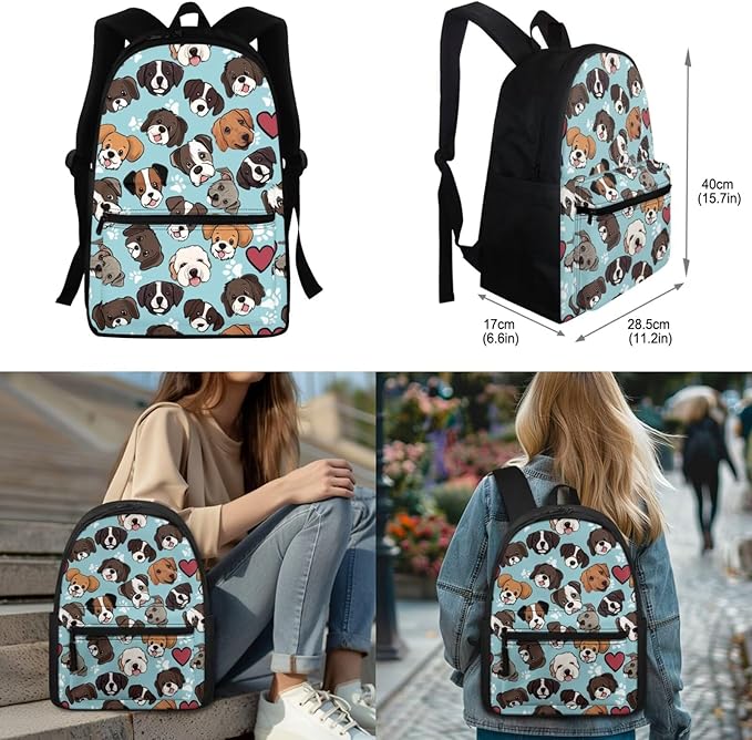 Pug Dog Backpack for Girls Boys 6-8 7-10 14-16 Kids School Bag Teen Schoolbag Elementary Kindergarten Bookbag with Lunch Bag Pencil Case Water Bottle Carrier Cover