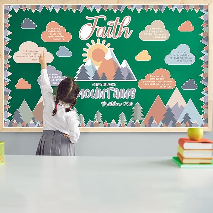 gisgfim 40Pcs Faith Can Move Mountains Bulletin Board Set Moving Mountains Bulletin Board Decor Religious Inspirational Cutouts VBS Vacation Bible School Cutouts for School Classroom Wall Decor