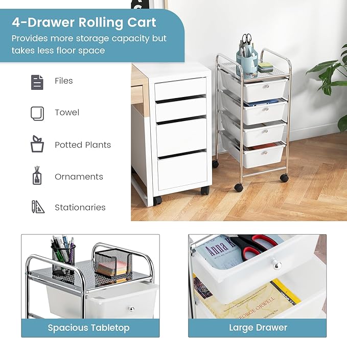 COSTWAY Rolling Storage Cart with 4 Drawers, Plastic Storage Cart and Organizer w/ 4 Removable Drawers, Multipurpose Organizer Cart for Home Scrapbook Paper Office School Tools (Clear)