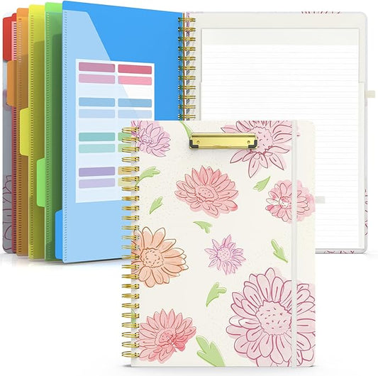 Sooez Clipboard Folio with Refillable Notepad, Folder with 10 Storage Pockets for Letter Size, Spiral Clipboard Notebook, Cute Portfolio for School, Office & Nursing