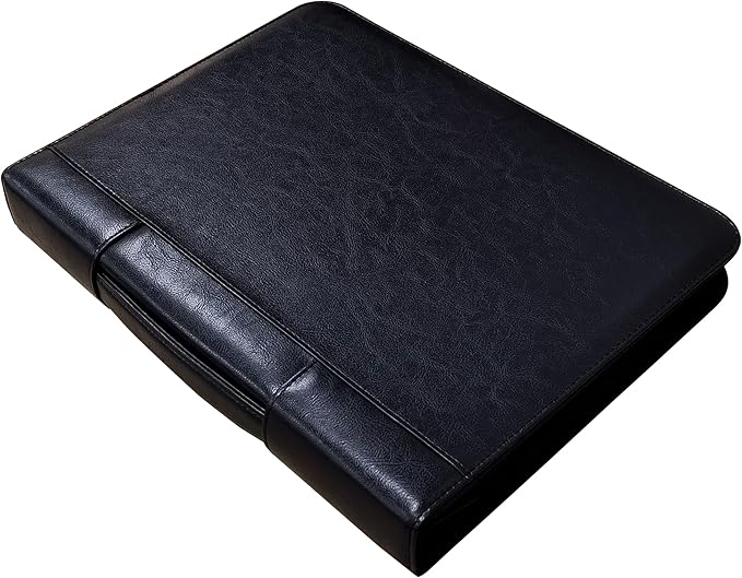 Faux Leather 3 Ring Portfolio Binder With Handle, Business Padfolio for Men & Women, Zippered Document Organizer for Home & Office Use, Including Clipboard, Notepad and Sheet Protectors (Black)