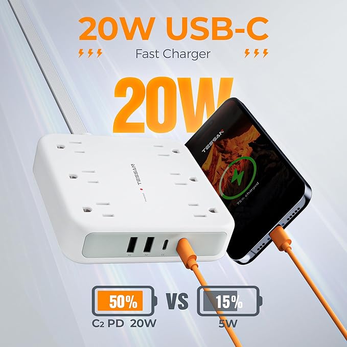 TESSAN Surge Protector Power Strip 2100J, 5 FT Extension Cord with Multiple Outlets Flat Plug, 4 USB (2 USB C) and 6 AC Outlets, Multi Port Charging Station for Home Office Dorm Room Essentials