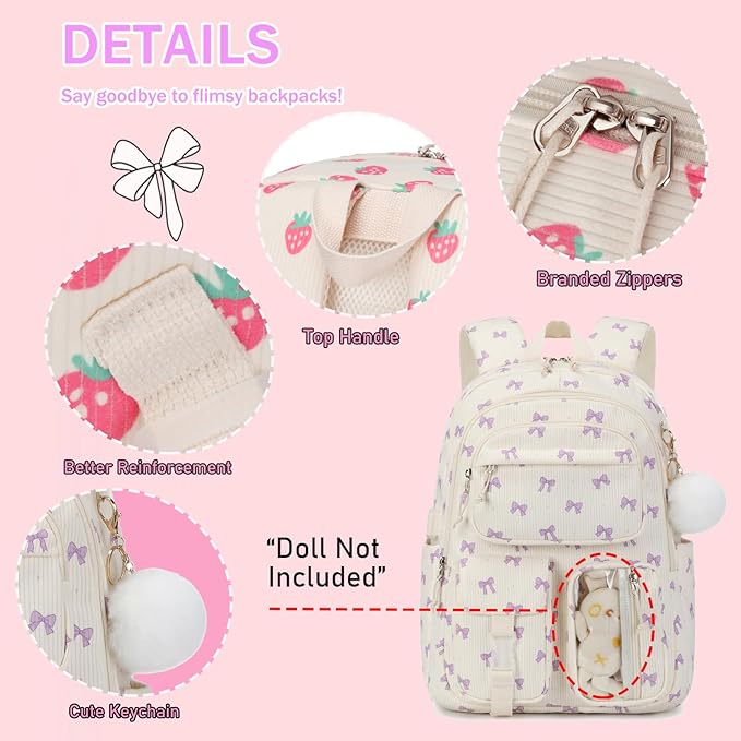 Corduroy Bow Backpack for Girls Teens School Bookbag with Lunch Box Pencil Case Laptop Sleeve Elementary Middle School Bag, Bow Tie-Purple