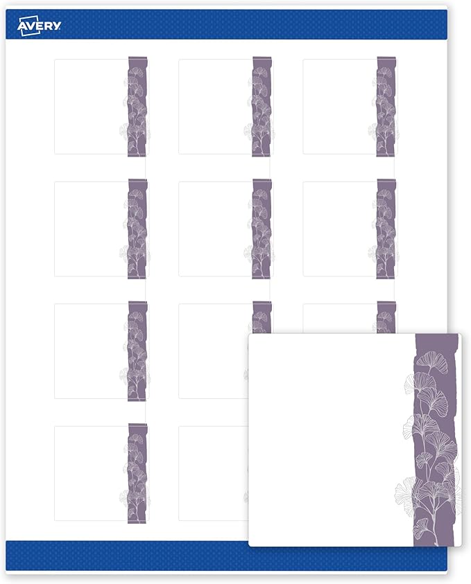 Avery Printable Square Labels with Sure Feed Technology, Pre-Printed Purple and Silver Gingko Leaves Design, Matte White, 2" x 2", Laser & Inkjet Compatible, 120 Total