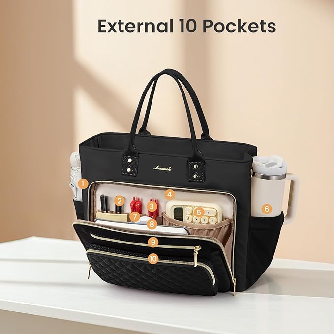 LOVEVOOK Lunch Bag, Tote Bag for Women with Insulated Lunch Compartment, Large Capacity Work Tote fit 17.3 Inch Laptop, Teacher Nurse Bag for Work, Crossbody Bags for Women with Cup Holder, Black