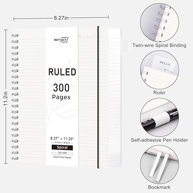 RETTACY Spiral College Ruled Notebook, 300 Pages, A4 Large Size (8.2" x 11.2"), for School, Work, Writing, Journaling, 100 GSM Thick Paper, Flexible Plastic Cover (Transparent)