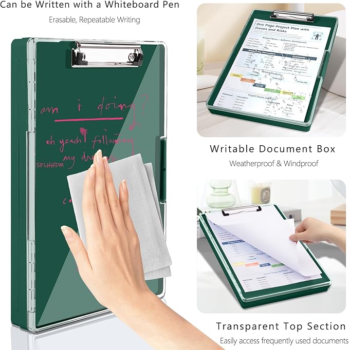 SFLHHDM Clipboard with Storage,Heavy Duty Clip Boards 8.5x11 with 2 Storage Case,Clear Visible Panel Storage Clipboards,Side Opening Nursing Clipboard Folder for Office Supplies-Emerald