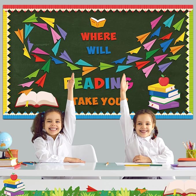 Pasimy Reading Bulletin Board Decorations Paper Airplane Classroom Decor Back to School Library Bulletin Board Set Colorful Book Pencil Paper Plane Cutouts for Summer Home Office Wall Door Supplies