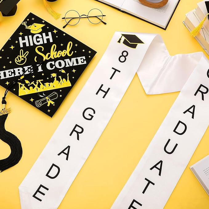 2 Pcs 5th 8th Grade Graduation Cap and Stole, Class of 2026 Graduation Sash Cap Stole Kindergarten Grad Gifts