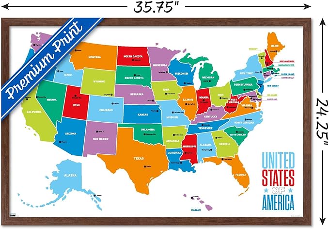 Trends International Map - United States Of America 2022 Wall Poster, 22.375" x 34", Mahogany Framed Version
