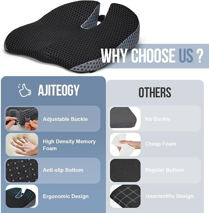Car Seat Cushion, Memory Foam Car Wedge Seat Cushion for Driving, Height Booster & Posture Support, 4D Mesh Seat Pad with Adjustable Straps (Deep Black)