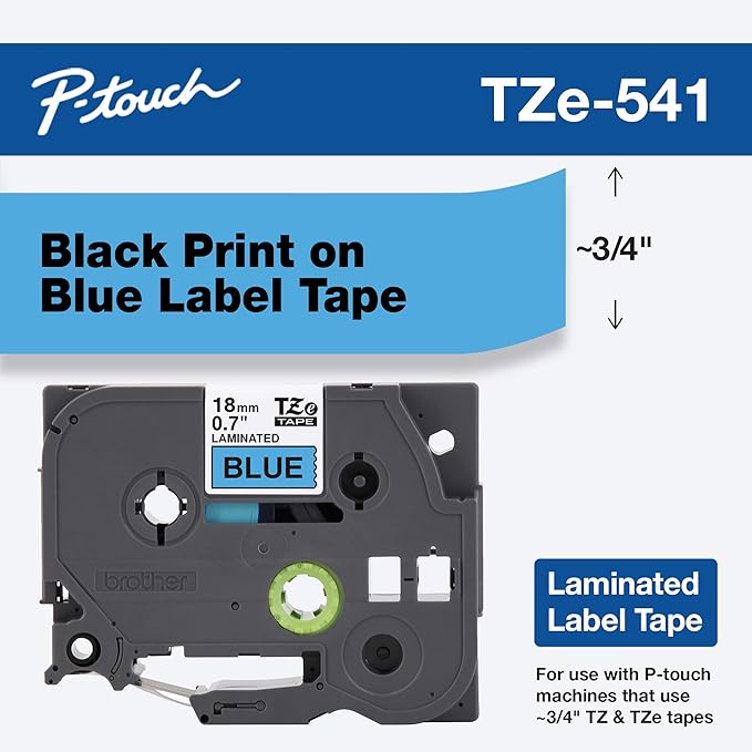 Brother Genuine P-Touch TZE-541 Tape, 3/4" (0.7") Standard Laminated P-Touch Tape, Black on Blue, for Indoor or Outdoor Use, Water-Resistant, 26.2 ft (8 m), Single-Pack
