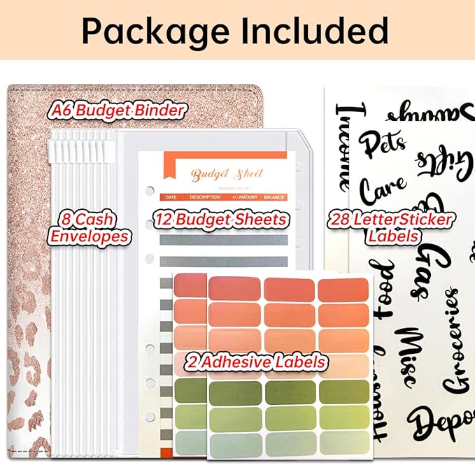 Budget Binder, Cute A6 Money Saving Binder with Zipper Envelopes, PU Leather Money Organizer for Cash, Expense Budget Sheets and Cash Envelopes for Budgeting Luxury Glitter Leopard