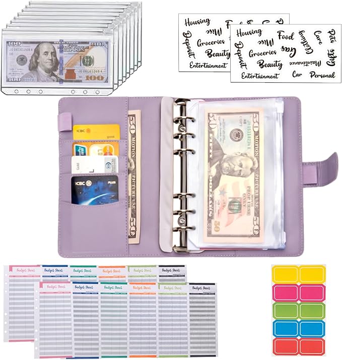 NICOOTHBudget Binder Cash Envelopes A6 Money Saving Binder with Zipper envelopes (Purple)
