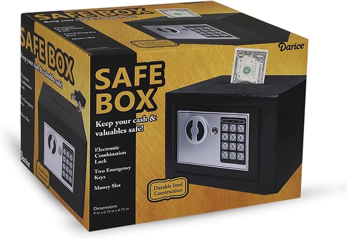 Darice Safe Box for Money – Safe with Electronic Combination Lock and Emergency Key – Cash Safe with Money Slot – Ideal for Documents, Cash, Jewelry (7.9" x 11.8" x 7.9" Black)