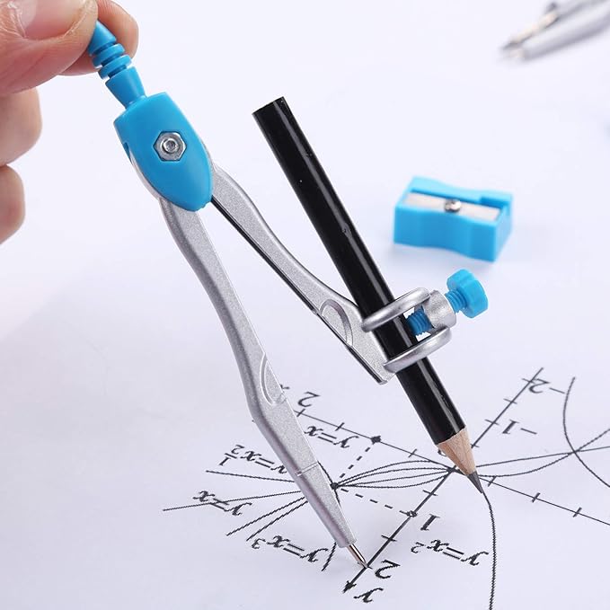 Math Geometry Kit Sets 10 Piece Student Supplies with Shatterproof Storage Box,Includes Rulers,Protractor,Compass,Eraser,Pencil Sharpener,Lead Refills,Pencil,for Drafting and Drawings（Blue）
