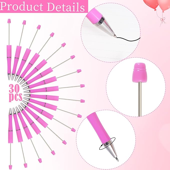 jiebor 30Pcs Pink Beadable Pens Plastic Bead Ballpoint DIY Cute Cool Pens Black Ink for Women Men Bridal Graduation Gift Office Supplies