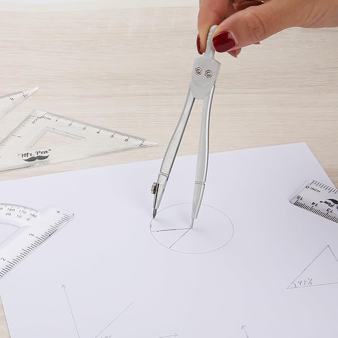 Mr. Pen- Geometry Set, 13 pcs, Compass for Geometry Compass, Geometry Kit Set with Shatterproof Storage Box, Math Compass, Geometry Set for School, Compass Math, Protractor and Compass Set, Grey