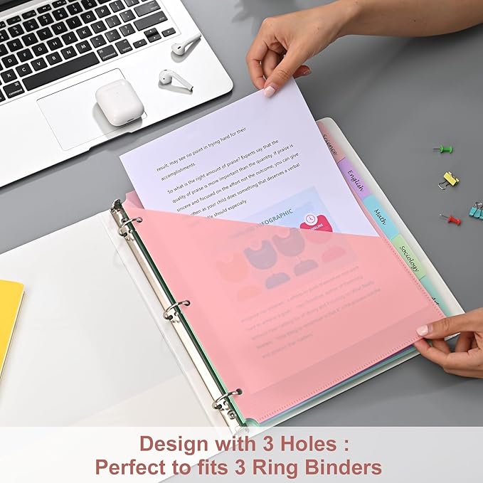 5 Tabs Dividers with One Pockets for 3 Ring Binder, 5 Counts Binder Dividers for US Letter Size, Binder Dividers with Tabs for School Office and Home Organization, 5 Pastel Color (6)