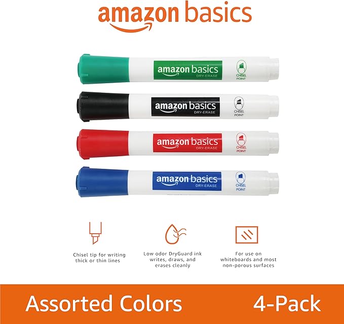 Amazon Basics Dry Erase Whiteboard Markers, Chisel Tip, Low-Odor, Assorted Colors, 4-Pack, Black, Red, Green, Blue