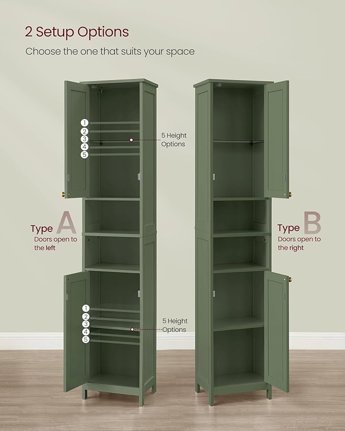 VASAGLE Tall Bathroom Cabinet with Lights, Slim Freestanding Bathroom Storage Cabinet with Adjustable Shelves, for Small Spaces, Modern, 15.7 Inches Wide, Forest Green UBBC766C01