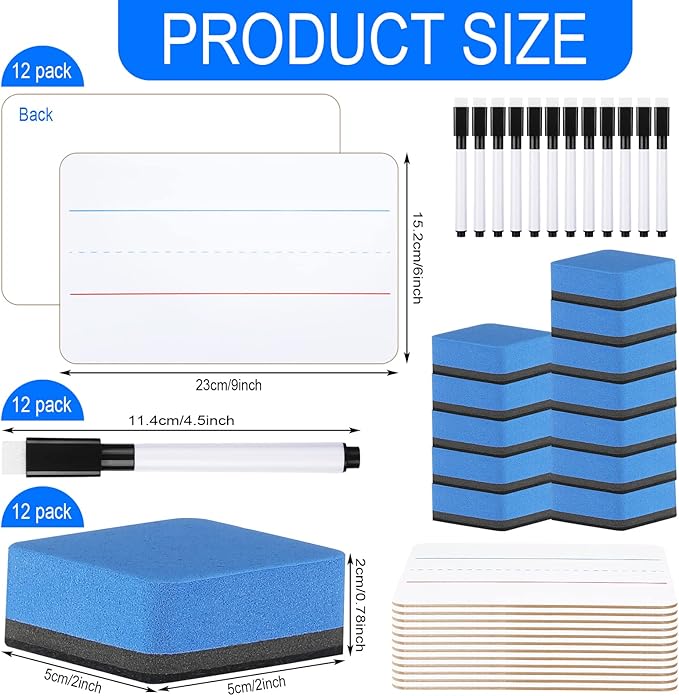 Colarr 12 Sets Mini White Boards 6"x 9" Dry Erase Boards Classroom Pack Includes Two Sided Small Whiteboards Markers, Lapboards Erasers for Teachers Students School