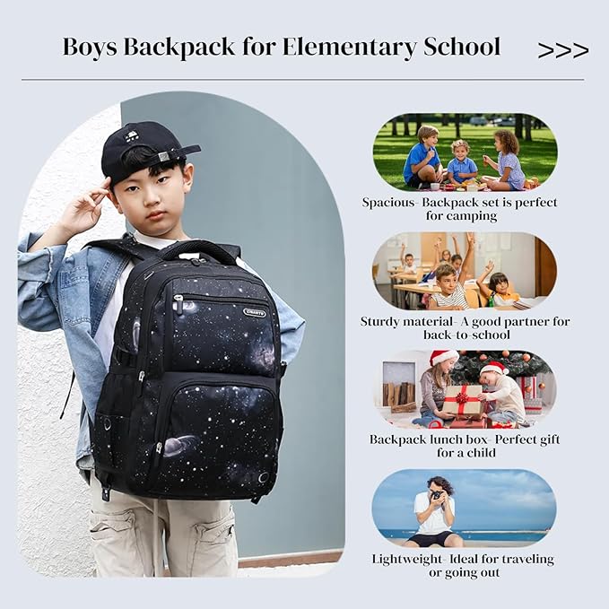 MITOWERMI Boys Backpacks for Primary Junior School Kids Backpack with Lunch Box Galaxy Space Bookbags for Boys Girls