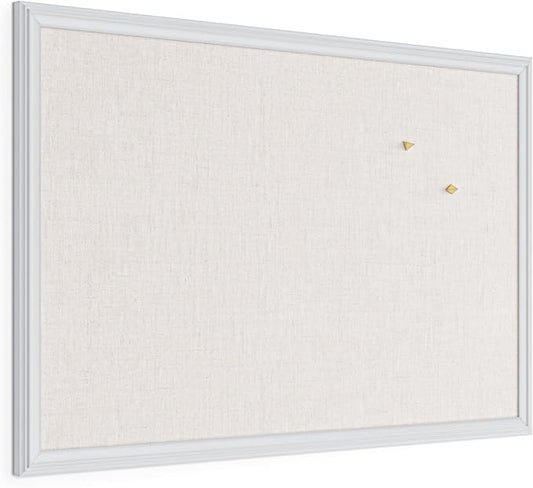 U Brands Farmhouse Linen Bulletin Board, 30" x 20", White Wood Frame, Wall Mounted Pin Board for Home Office, Classroom & Kitchen, Includes Push Pins