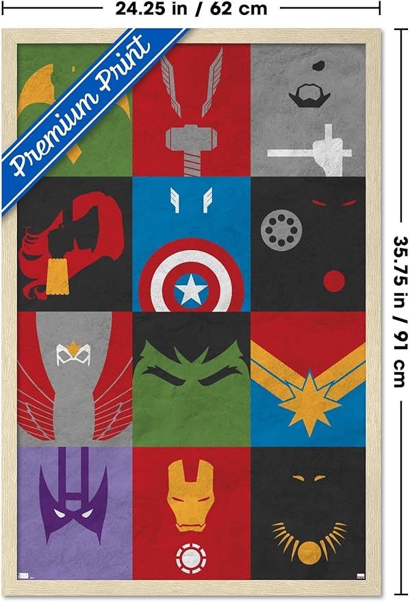 Marvel Comics Avengers - Minimalist Grid Wall Poster, 34L" x 22.4W", Blonde Framed Version