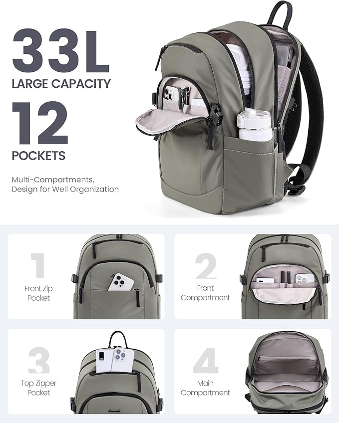 LOVEVOOK 5-Layer 17.3 Inch Laptop Backpack for Women, Work Business Computer Bag, College School Daypack, Travel Personal Item & Casual Purse, Sage Green
