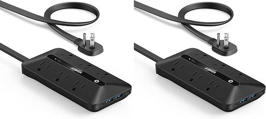 Anker 300J Flat Plug 10-in-1 Ultra Thin Power Strip with 6 AC, 2 USB-A & 2 USB-C Ports, Extension Cord, Desk Charging Station for Home, Office, College, Dorm, 5 Feet, Black (Pack of 2)