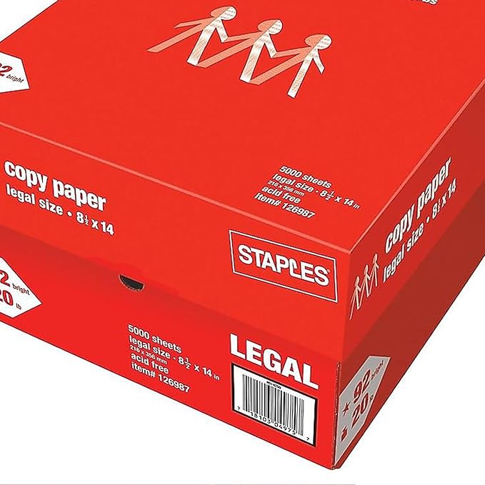 Staples 8.5-Inch x 14-Inch Copy Paper 20 lbs. 92 Brightness 500/Ream 10 Reams/Count