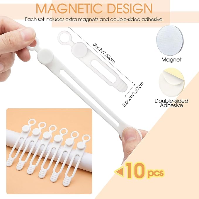 Geelin 10 Pack Magnetic Silicone Cable Ties bulk Reusable Cable Organizer Straps for Cord Management Magnetic Wire Ties for USB Cables Headphones Charger Cords Curtain Towel Straps(White)