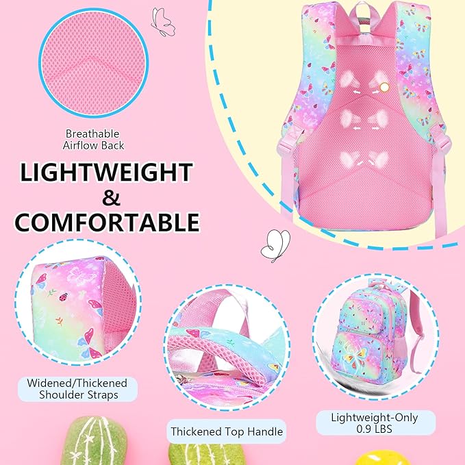 Girls Backpack with Lunch Box Glow in Dark Butterfly Bookbag Teens Ages 4-12 Kindergarten Elementary Middle School Butterfly Backpack, Luminous Butterfly Rainbow